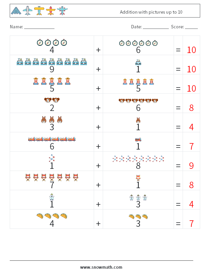 Addition with pictures up to 10 Maths Worksheets 8 Question, Answer