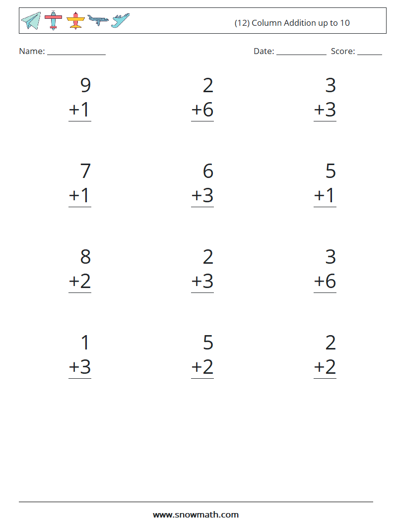 (12) Column Addition up to 10 Maths Worksheets 1