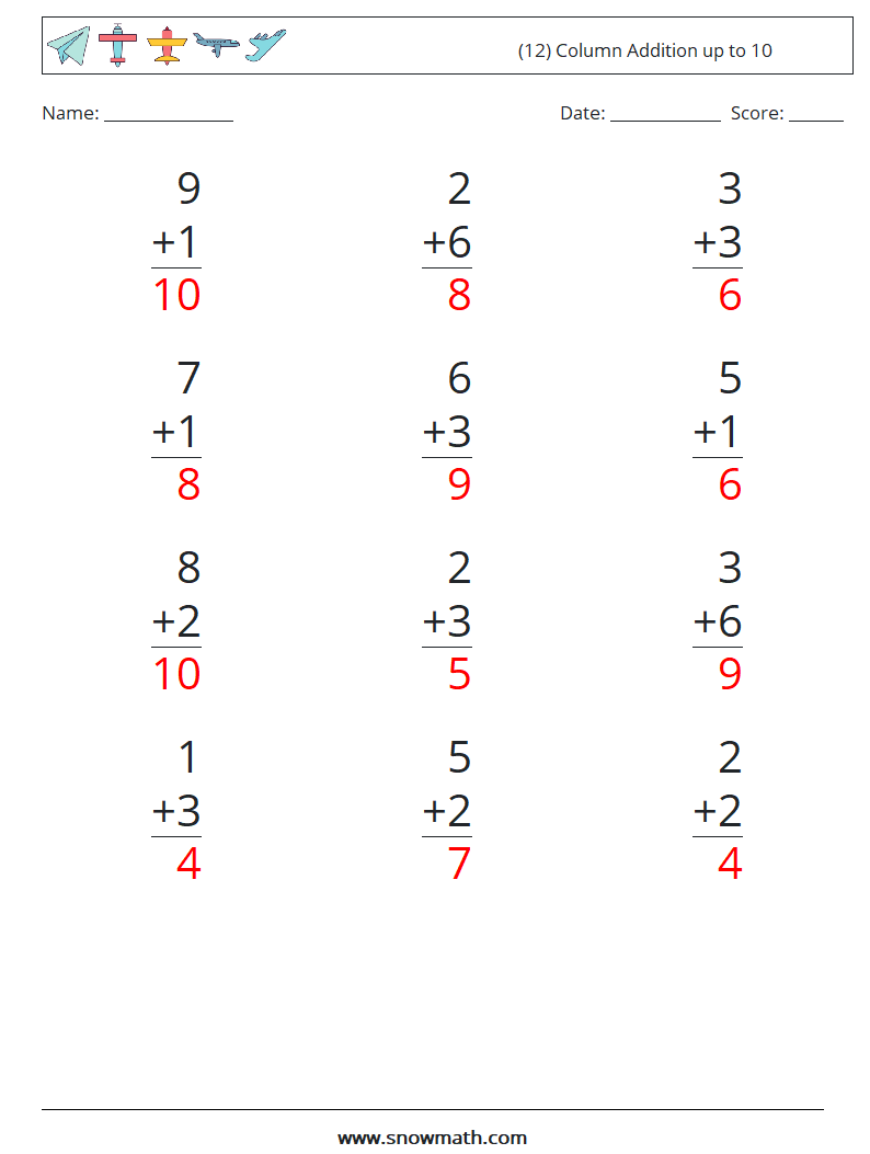 (12) Column Addition up to 10 Maths Worksheets 1 Question, Answer