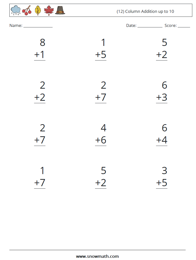 (12) Column Addition up to 10 Maths Worksheets 2