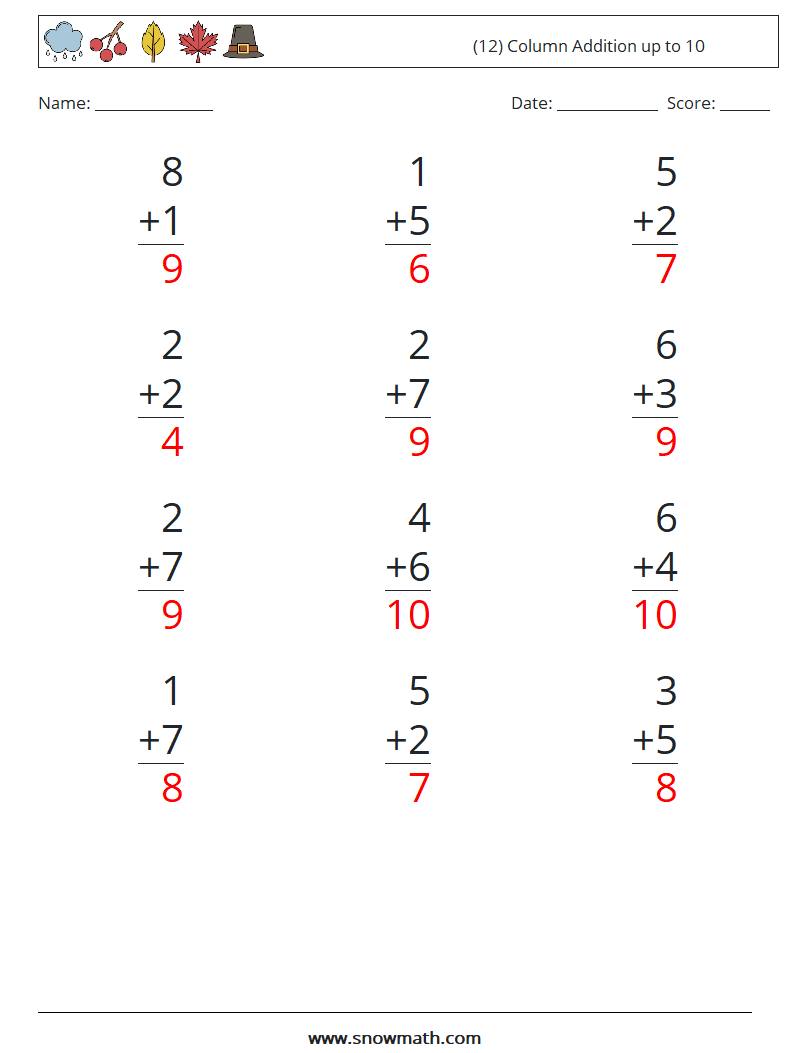 (12) Column Addition up to 10 Maths Worksheets 2 Question, Answer