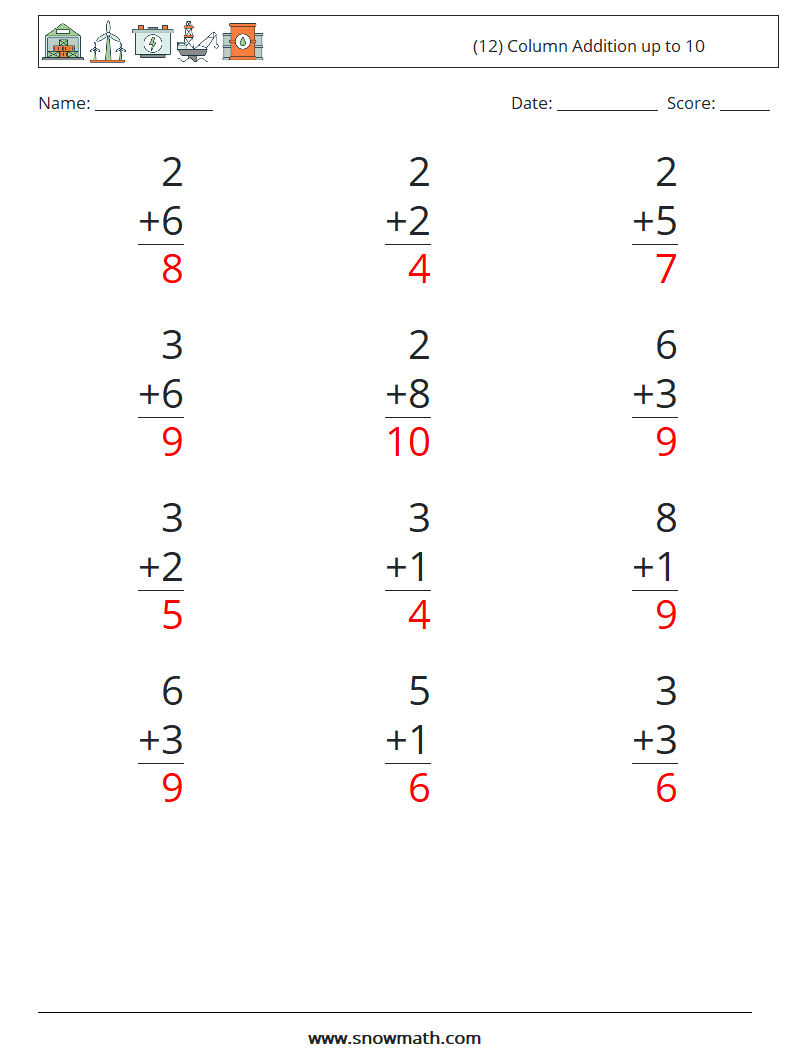 (12) Column Addition up to 10 Maths Worksheets 3 Question, Answer