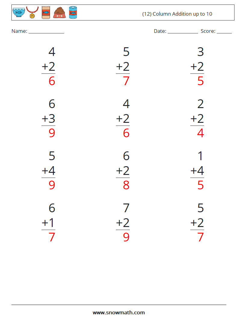 (12) Column Addition up to 10 Maths Worksheets 4 Question, Answer