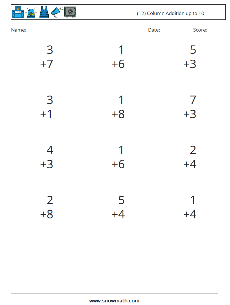 (12) Column Addition up to 10 Maths Worksheets 5