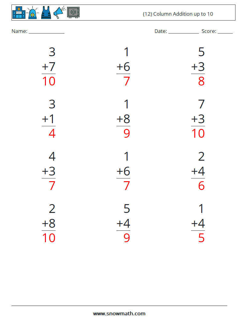 (12) Column Addition up to 10 Maths Worksheets 5 Question, Answer