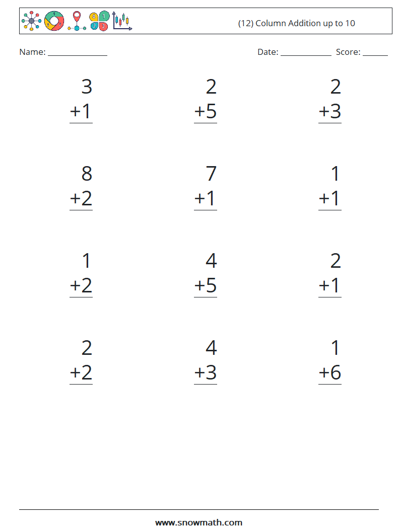 (12) Column Addition up to 10 Maths Worksheets 7