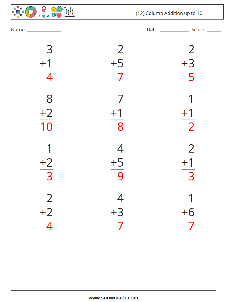 (12) Column Addition up to 10 Maths Worksheets 7 Question, Answer