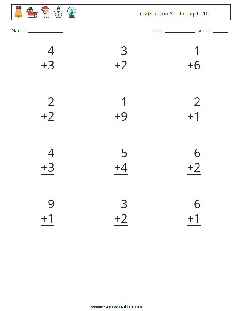 (12) Column Addition up to 10 Maths Worksheets 8