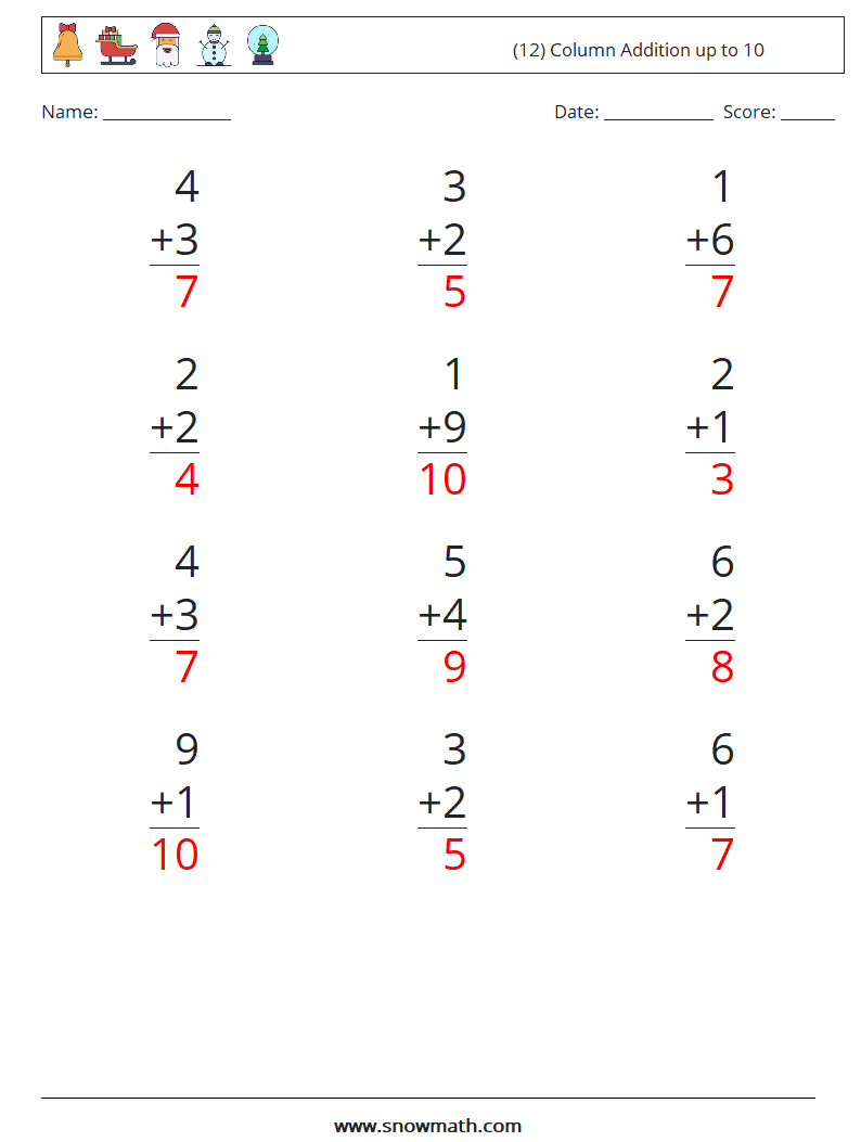 (12) Column Addition up to 10 Maths Worksheets 8 Question, Answer