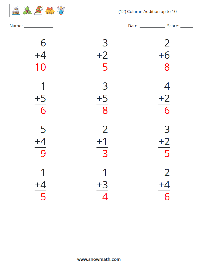 (12) Column Addition up to 10 Maths Worksheets 9 Question, Answer