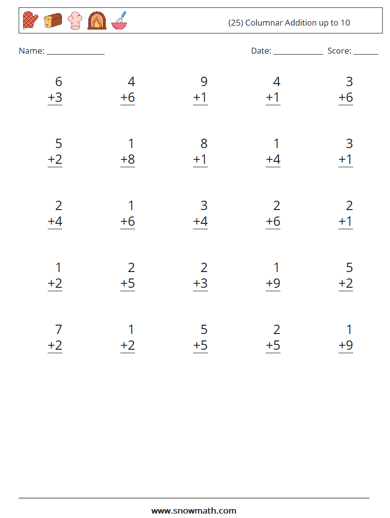 (25) Columnar Addition up to 10 Maths Worksheets 2