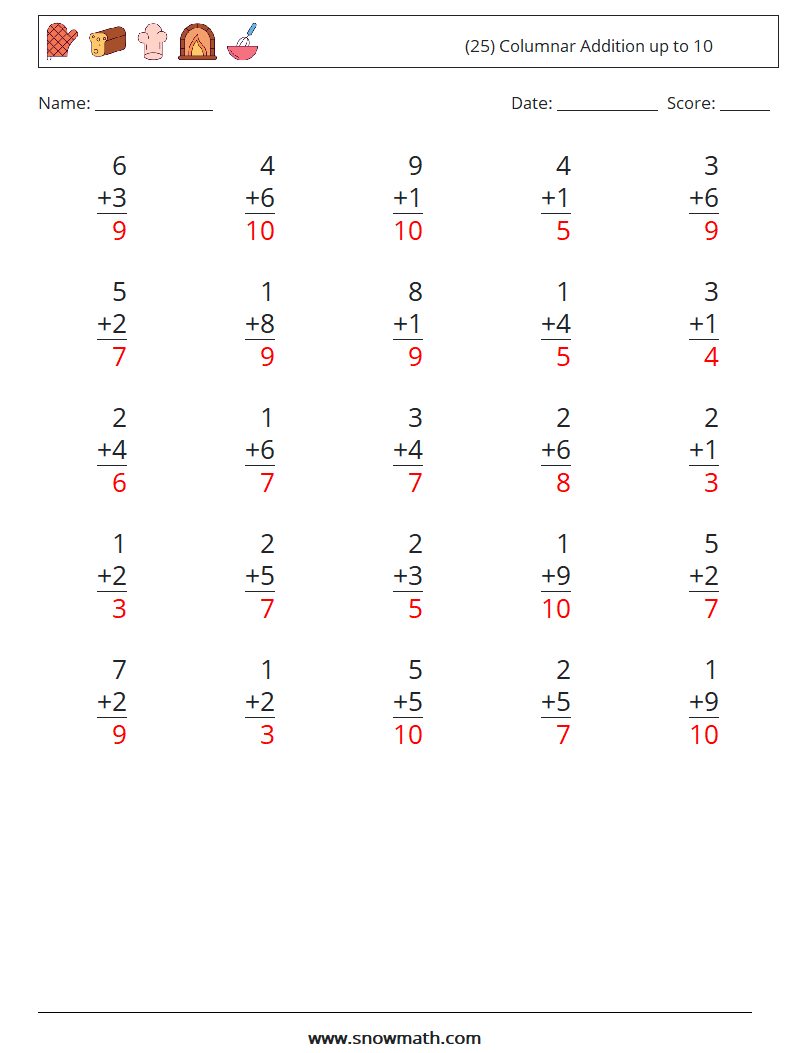 (25) Columnar Addition up to 10 Maths Worksheets 2 Question, Answer