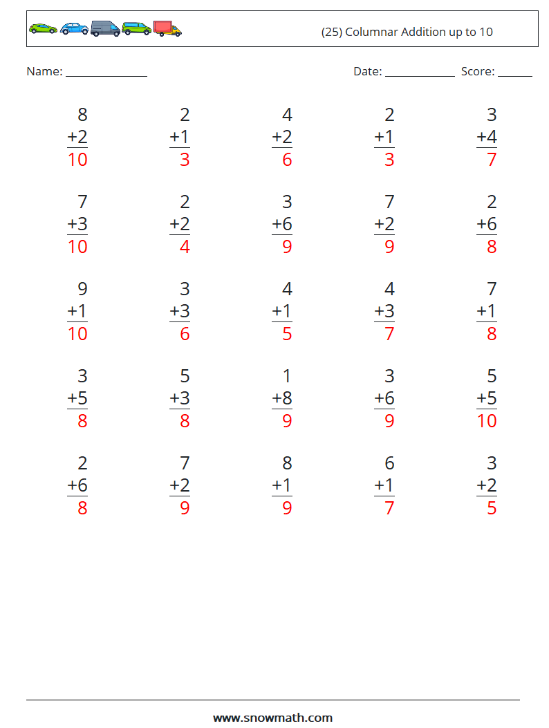 (25) Columnar Addition up to 10 Maths Worksheets 3 Question, Answer