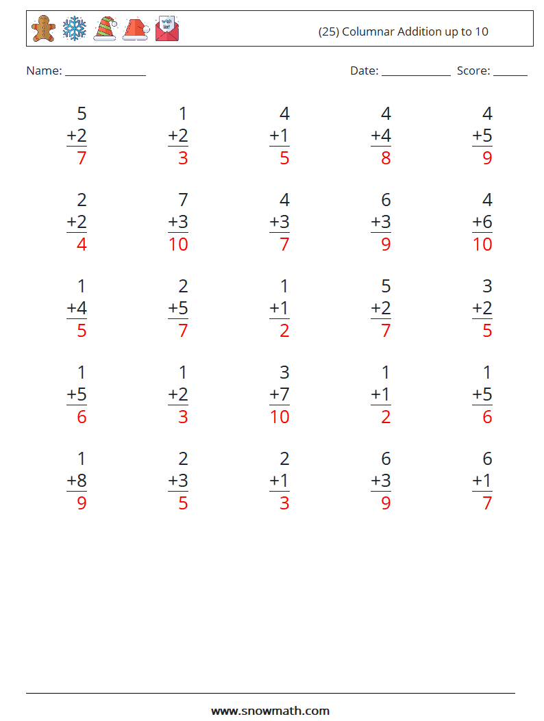 (25) Columnar Addition up to 10 Maths Worksheets 4 Question, Answer