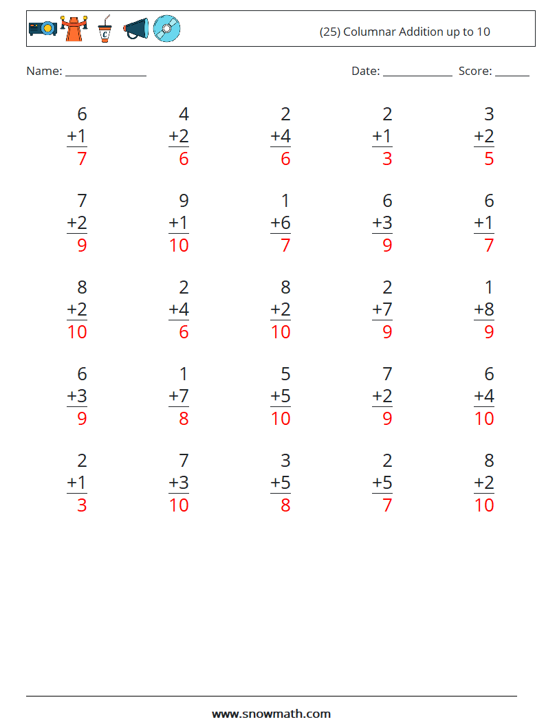 (25) Columnar Addition up to 10 Maths Worksheets 5 Question, Answer