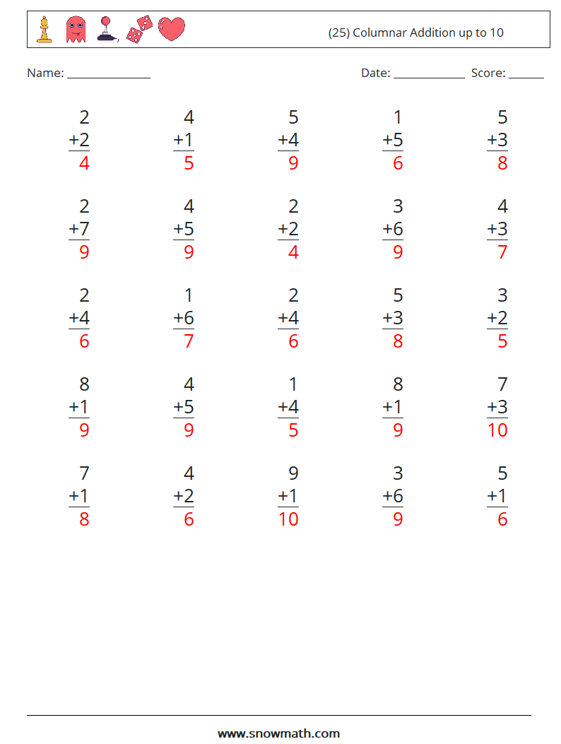 (25) Columnar Addition up to 10 Maths Worksheets 6 Question, Answer