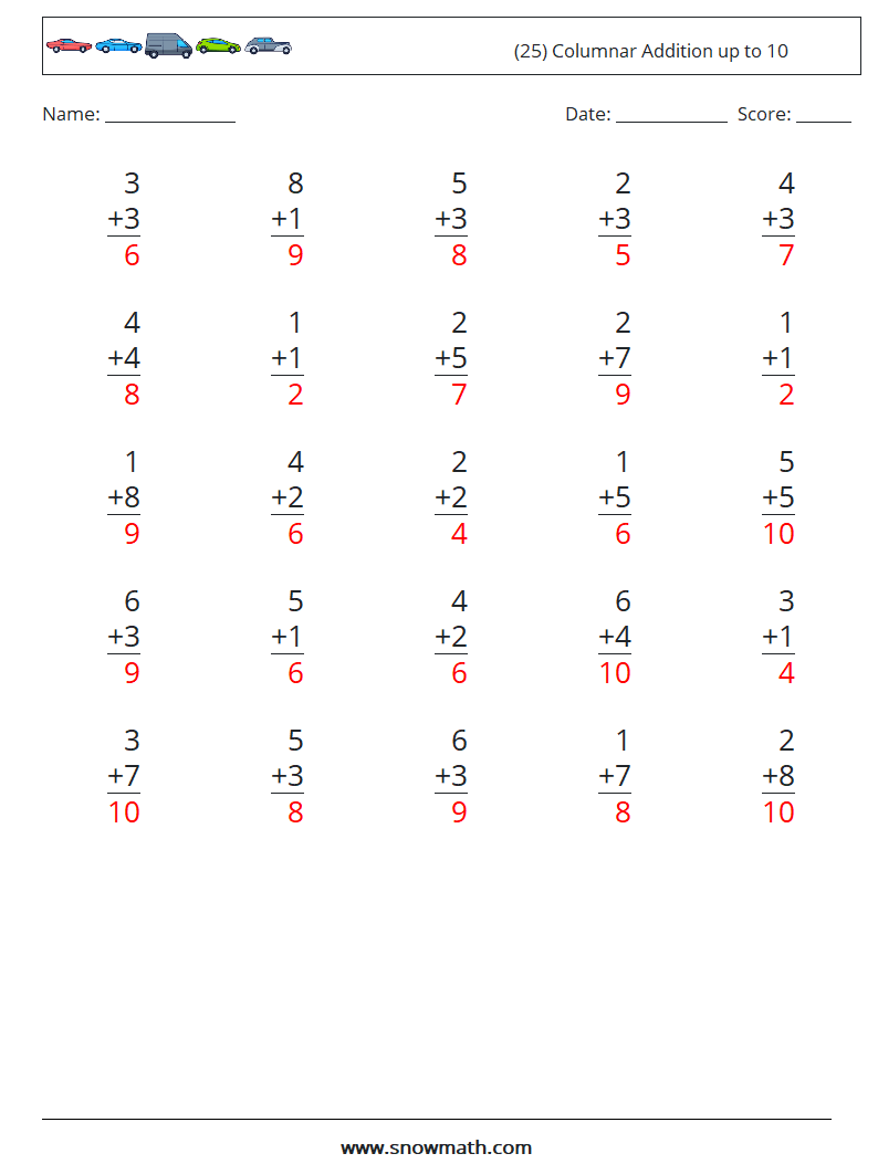 (25) Columnar Addition up to 10 Maths Worksheets 7 Question, Answer