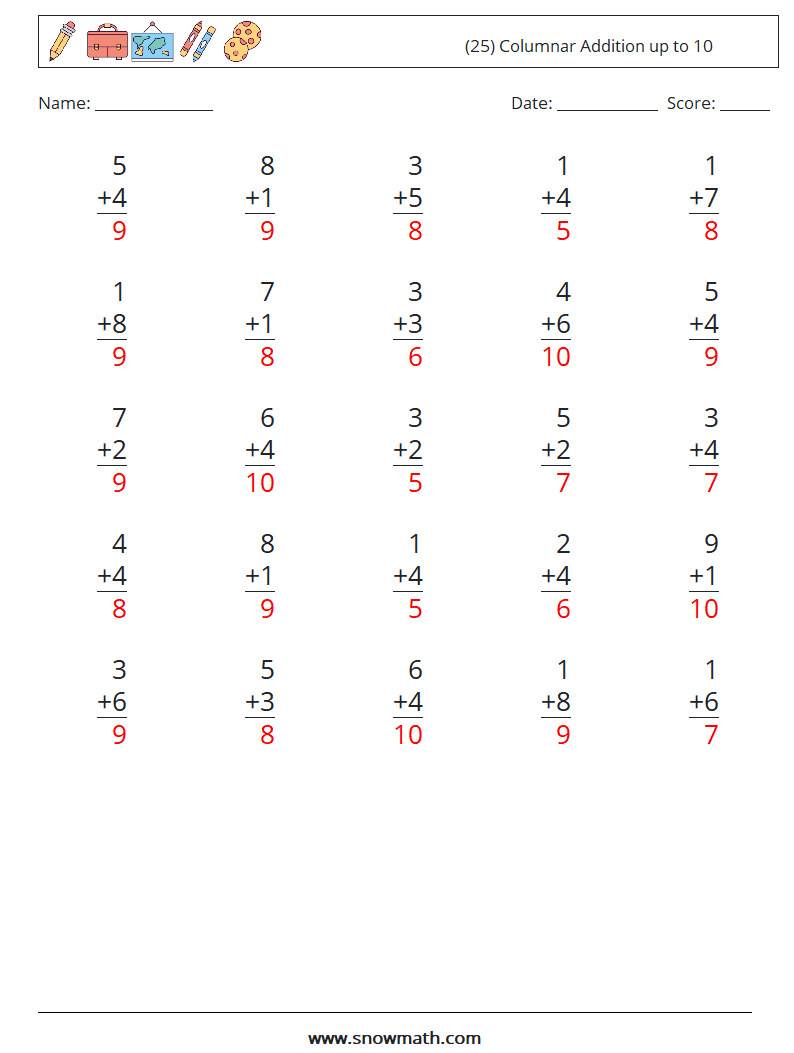 (25) Columnar Addition up to 10 Maths Worksheets 8 Question, Answer