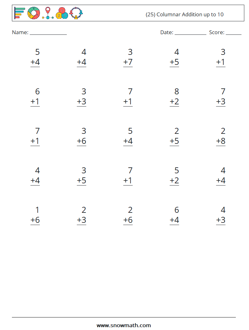 (25) Columnar Addition up to 10 Maths Worksheets 9