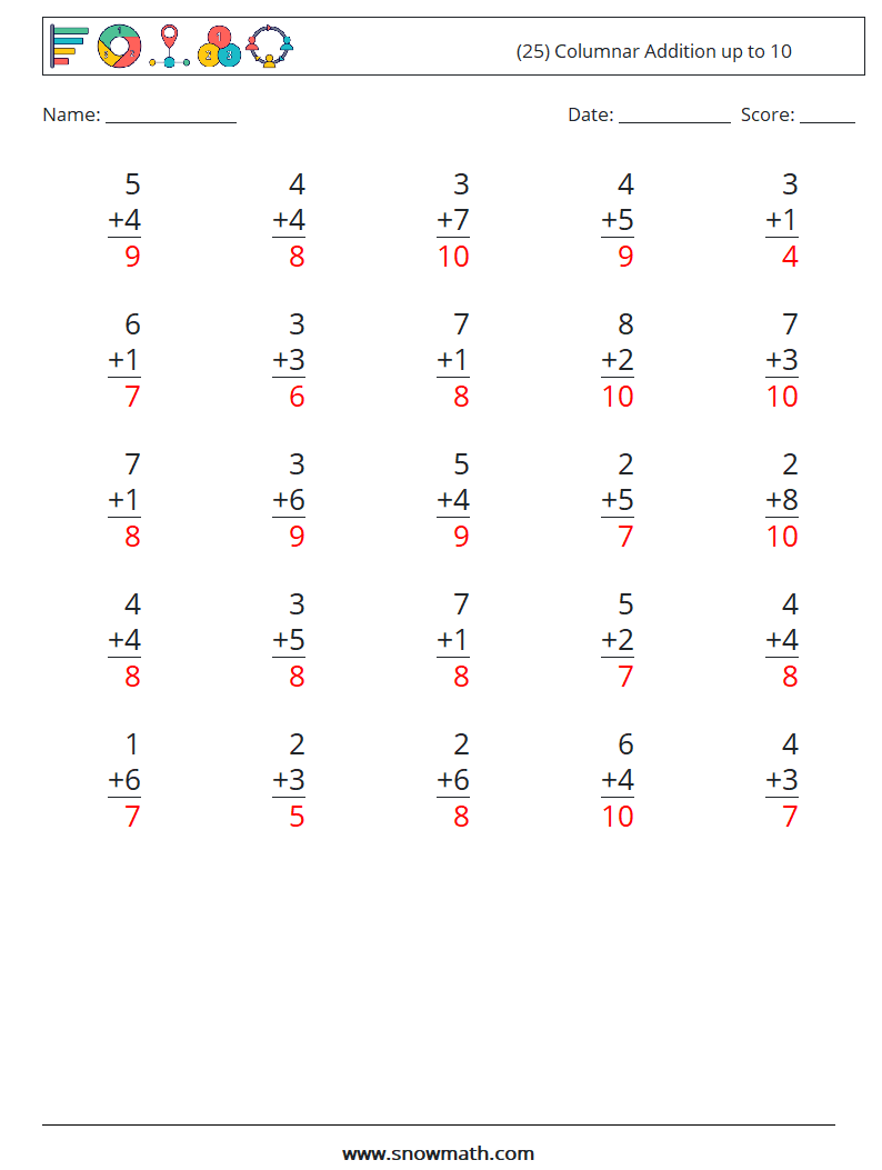 (25) Columnar Addition up to 10 Maths Worksheets 9 Question, Answer