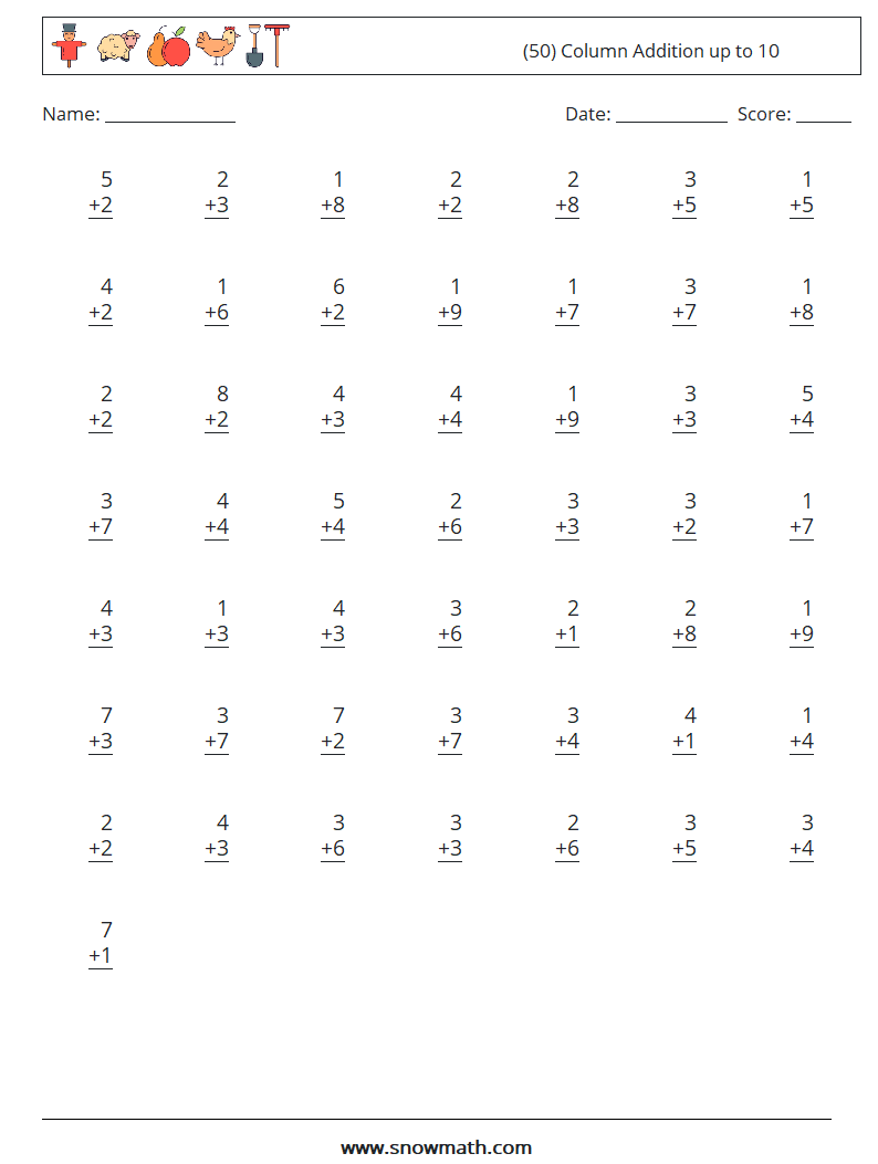 (50) Column Addition up to 10 Maths Worksheets 1