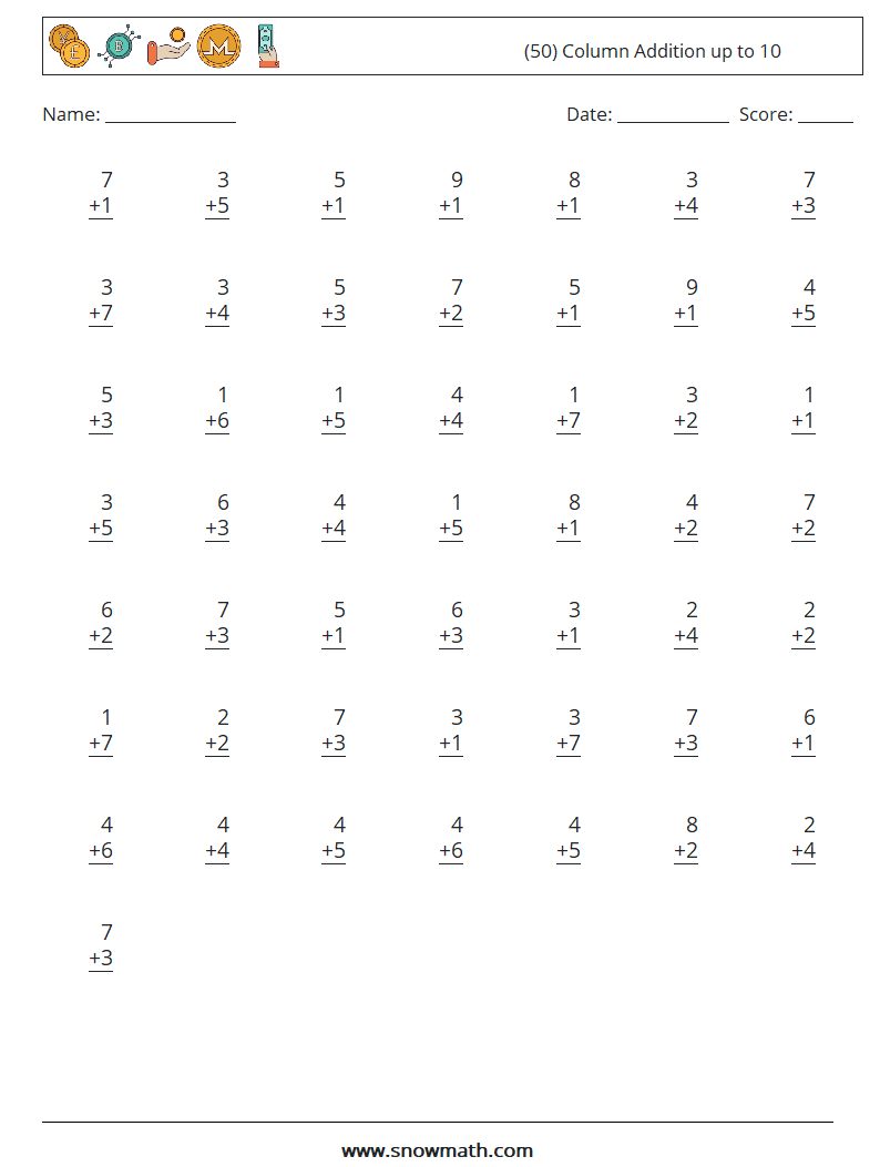 (50) Column Addition up to 10 Maths Worksheets 2