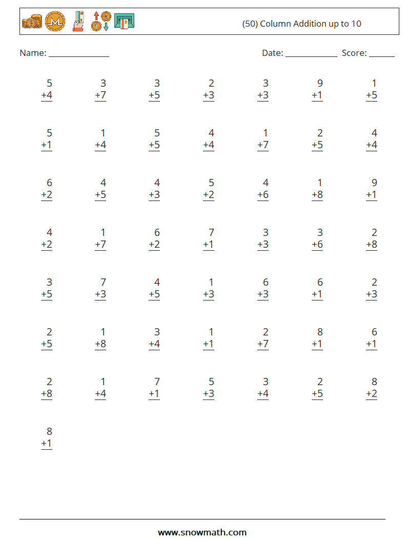 (50) Column Addition up to 10 Maths Worksheets 3