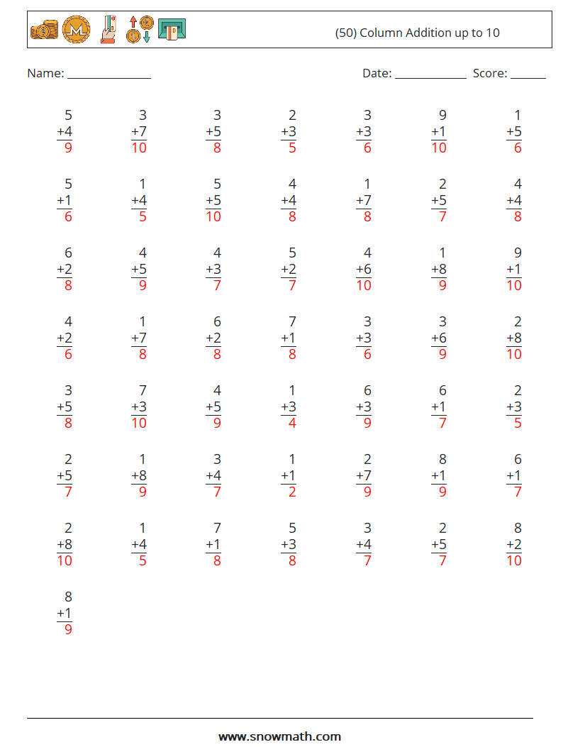 (50) Column Addition up to 10 Maths Worksheets 3 Question, Answer