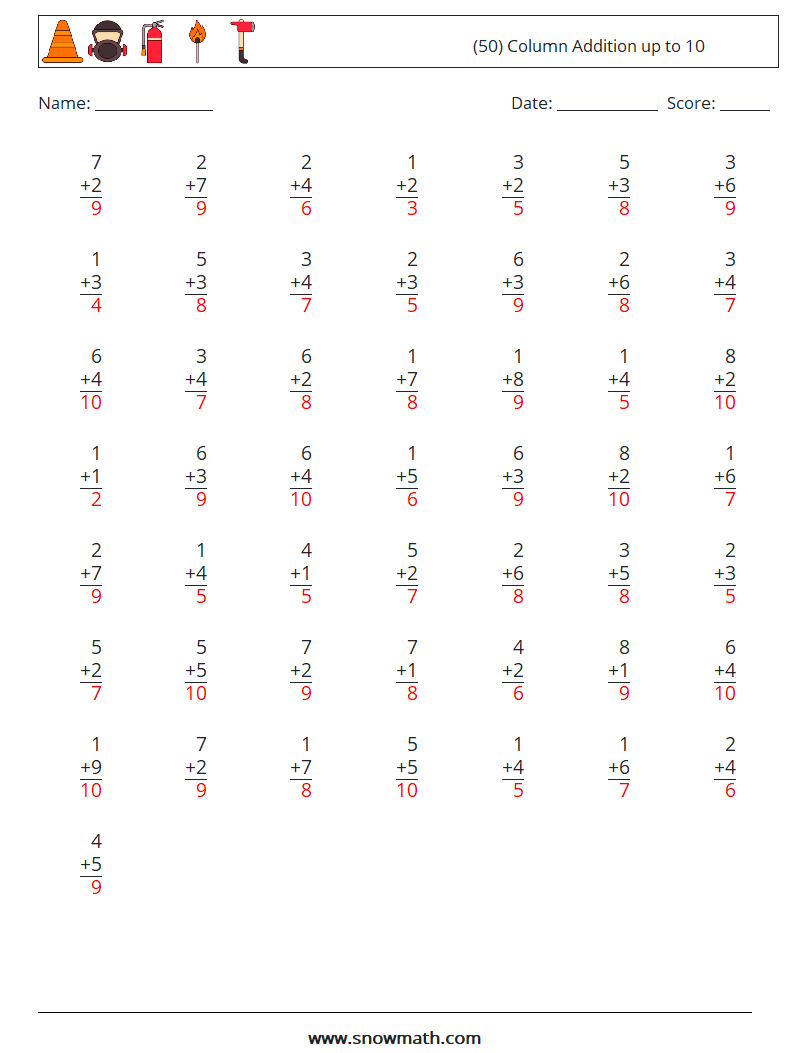 (50) Column Addition up to 10 Maths Worksheets 4 Question, Answer