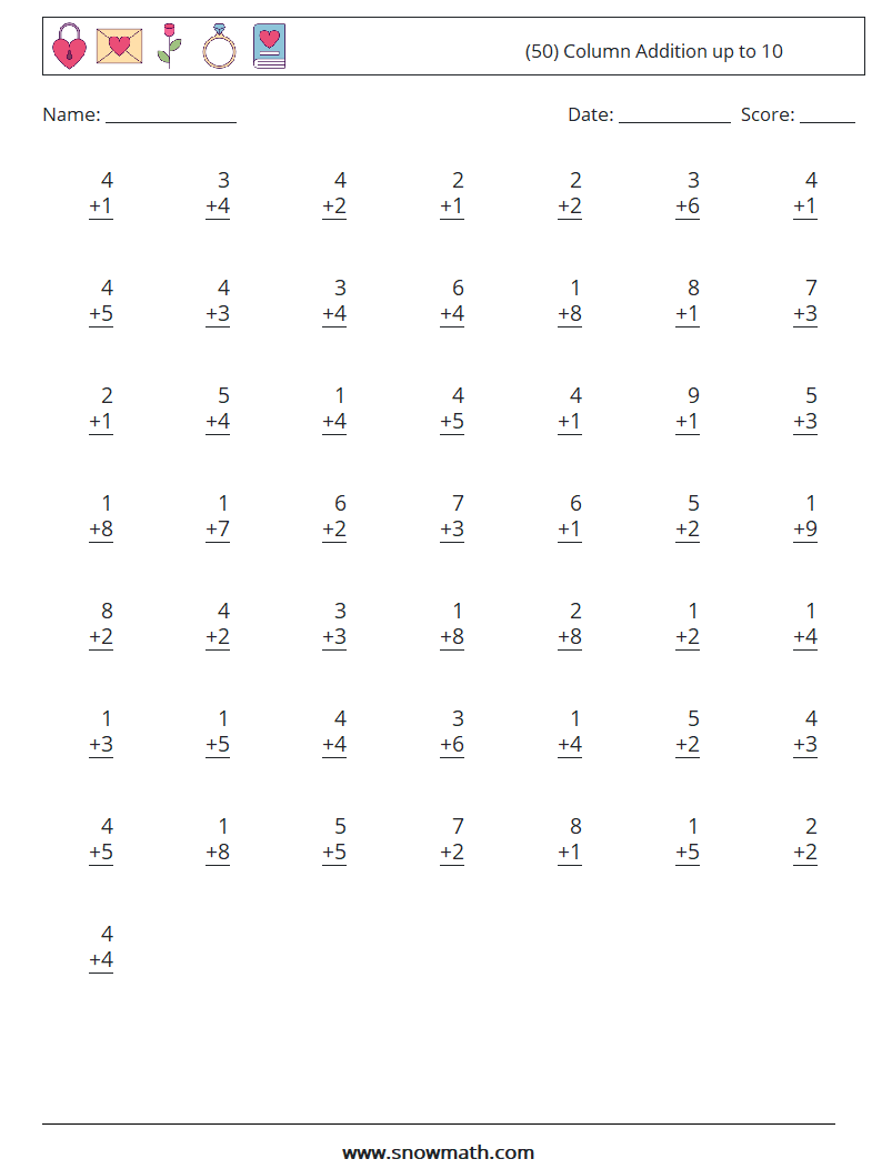 (50) Column Addition up to 10 Maths Worksheets 5