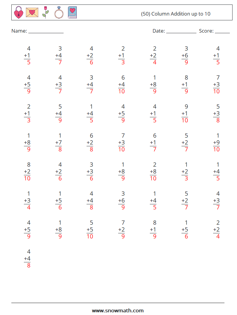 (50) Column Addition up to 10 Maths Worksheets 5 Question, Answer