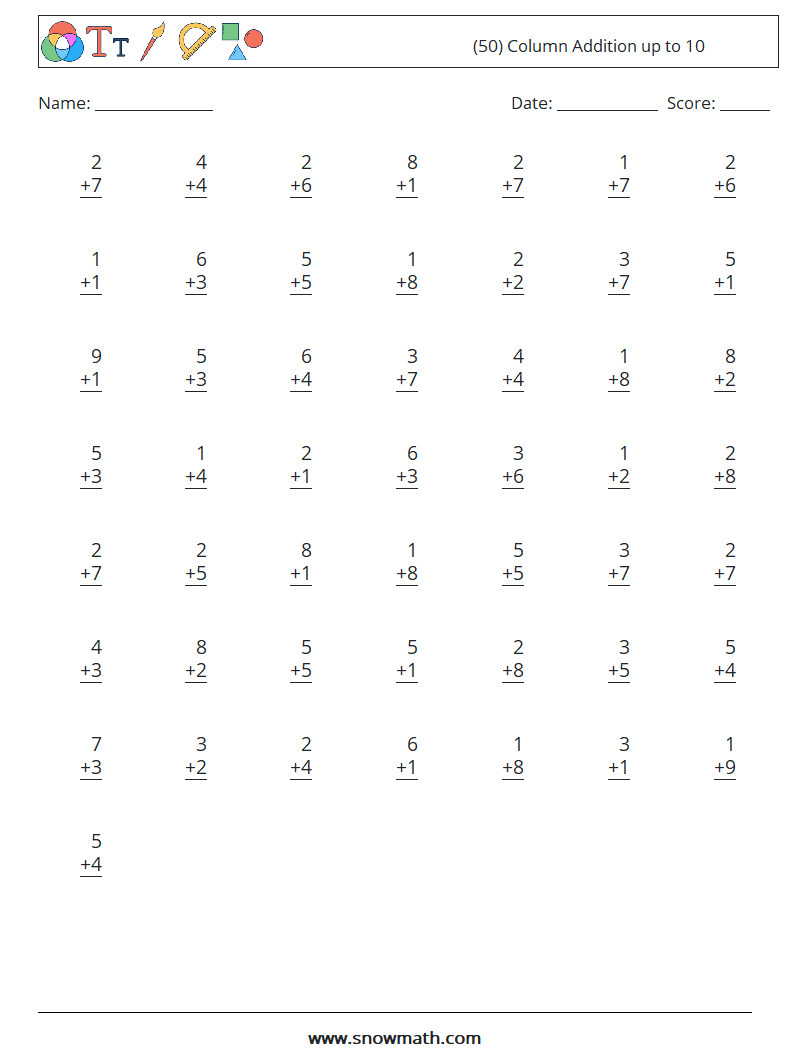 (50) Column Addition up to 10 Maths Worksheets 6