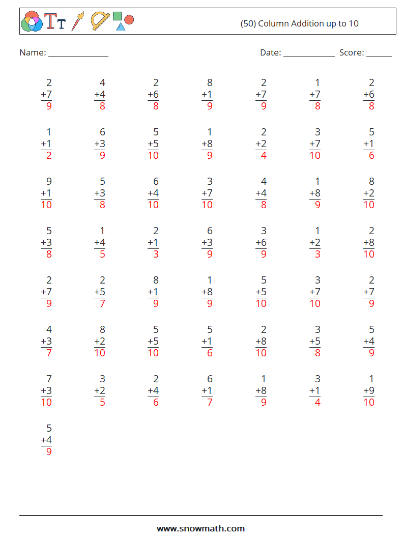 (50) Column Addition up to 10 Maths Worksheets 6 Question, Answer