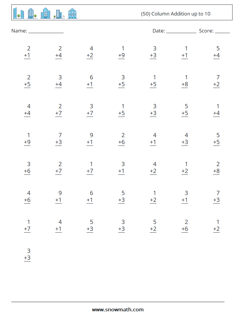 (50) Column Addition up to 10 Maths Worksheets 7