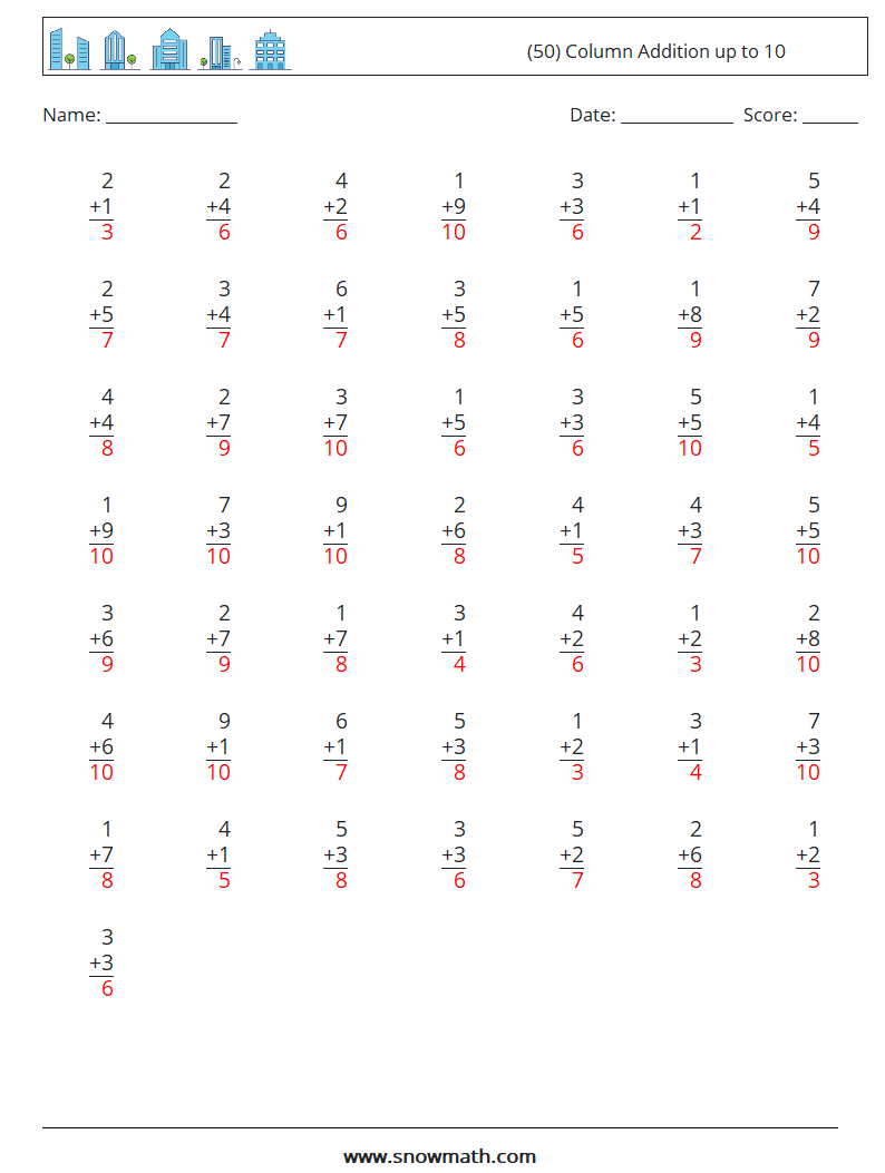 (50) Column Addition up to 10 Maths Worksheets 7 Question, Answer