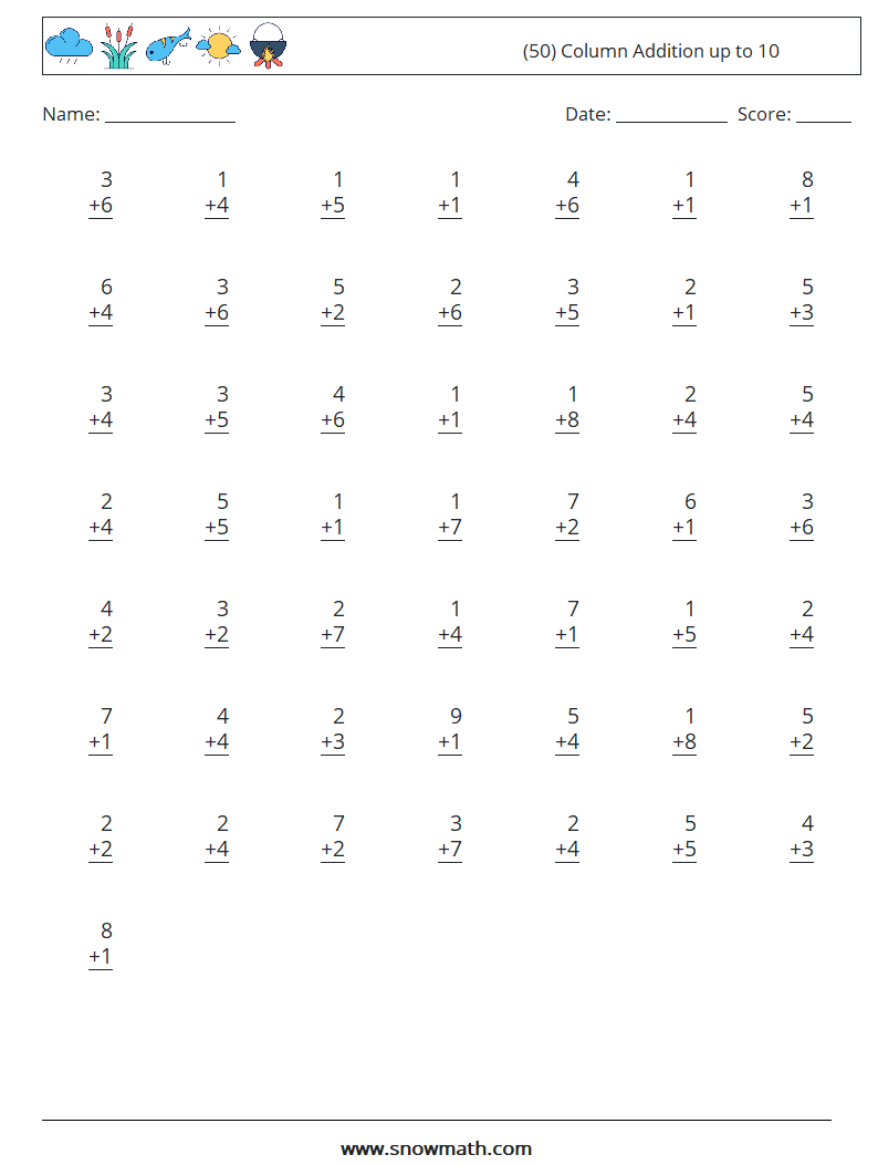 (50) Column Addition up to 10 Maths Worksheets 8