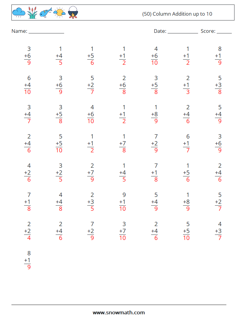 (50) Column Addition up to 10 Maths Worksheets 8 Question, Answer