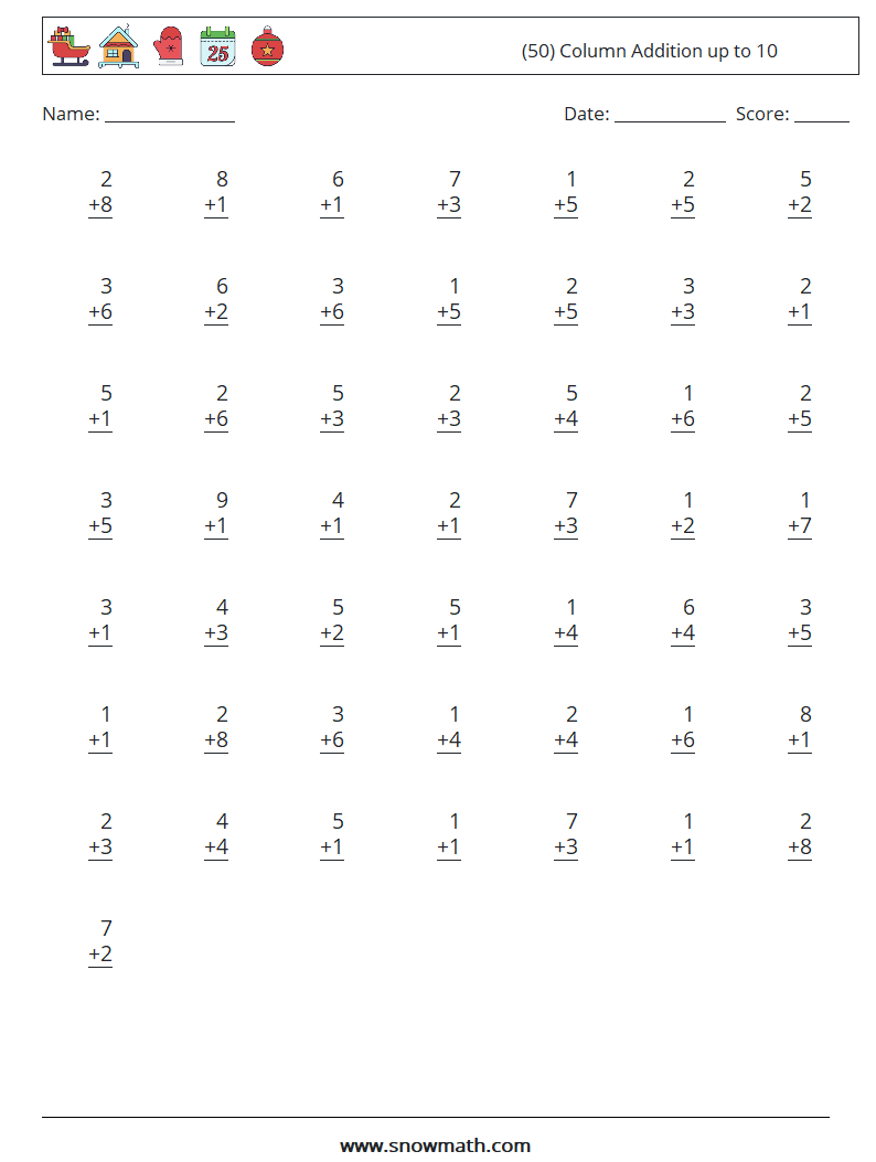 (50) Column Addition up to 10 Maths Worksheets 9