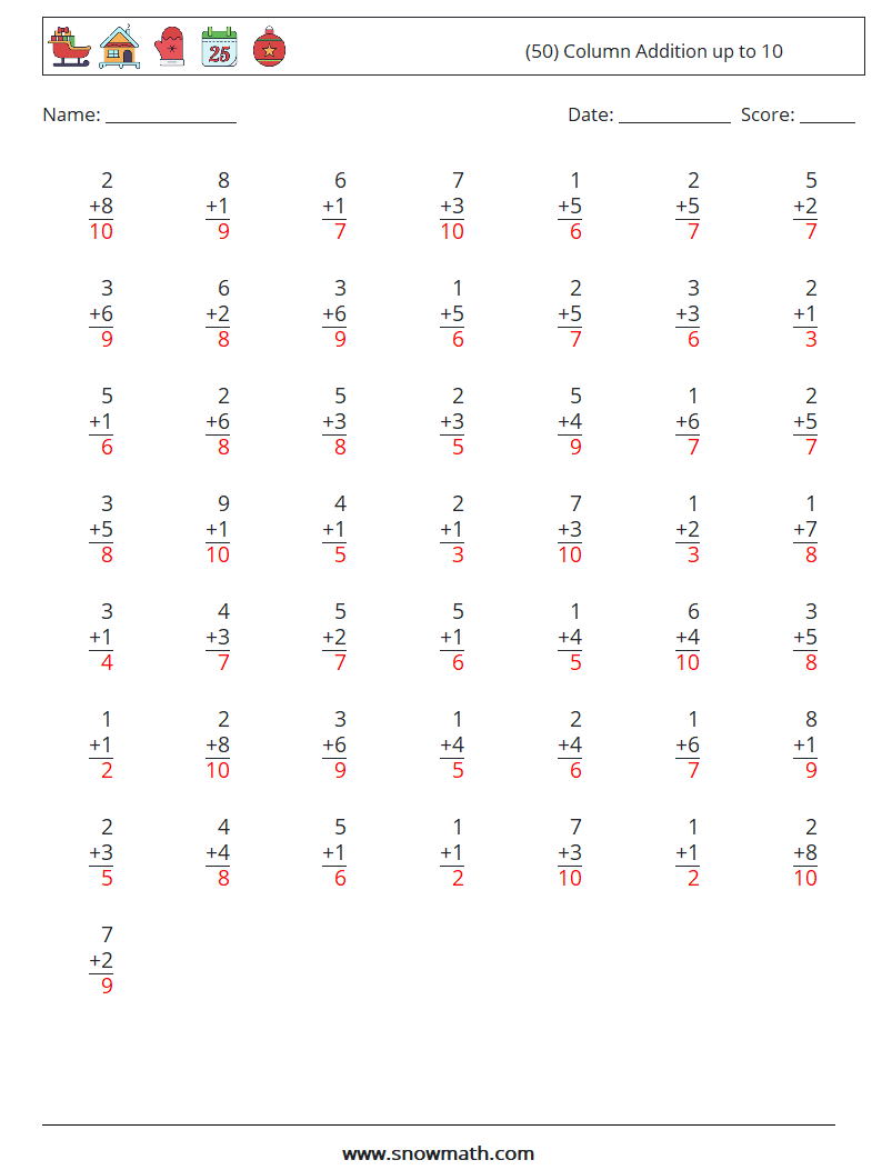 (50) Column Addition up to 10 Maths Worksheets 9 Question, Answer