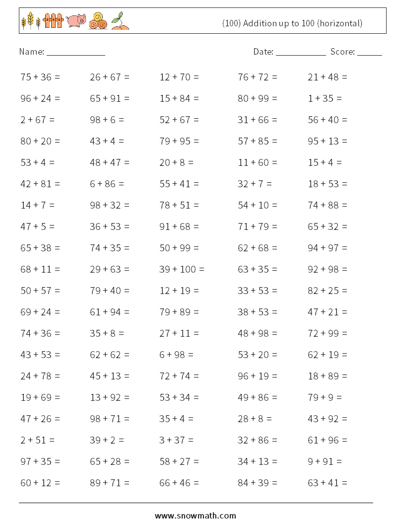 (100) Addition up to 100 (horizontal) Maths Worksheets 1