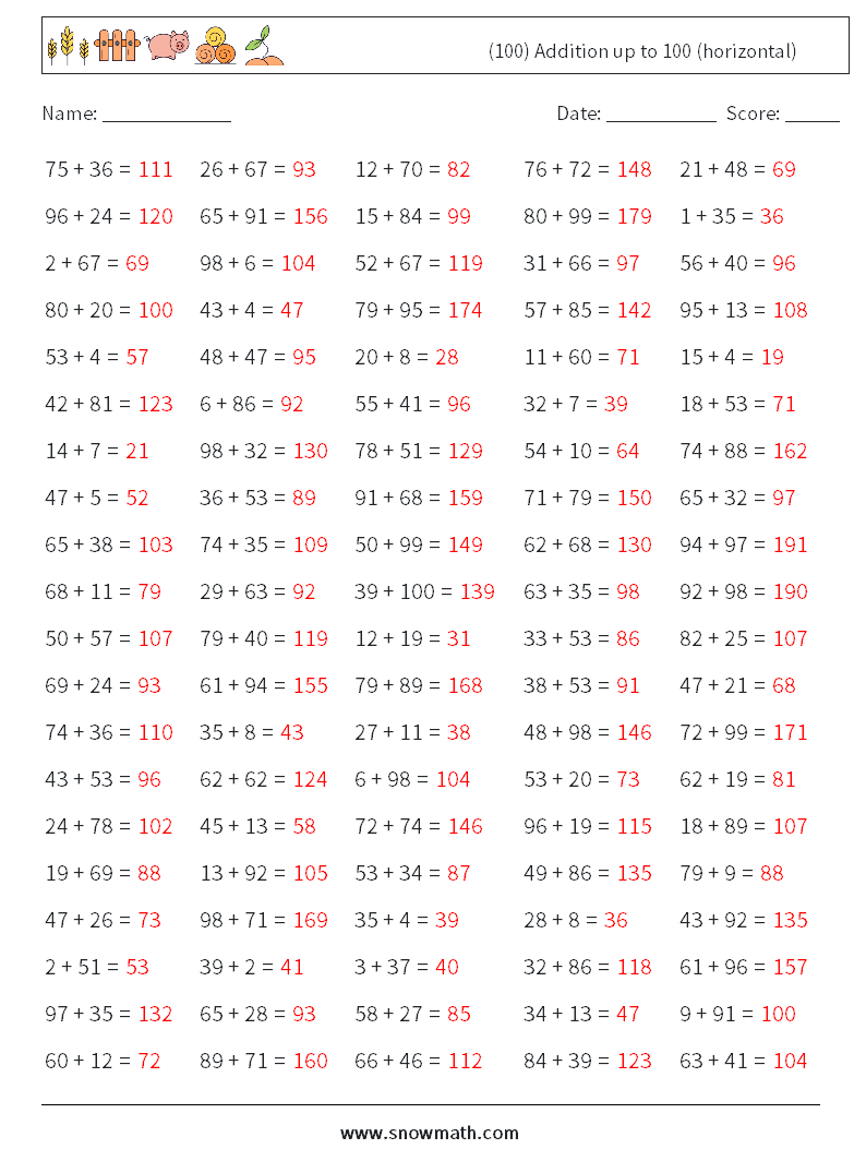 (100) Addition up to 100 (horizontal) Maths Worksheets 1 Question, Answer