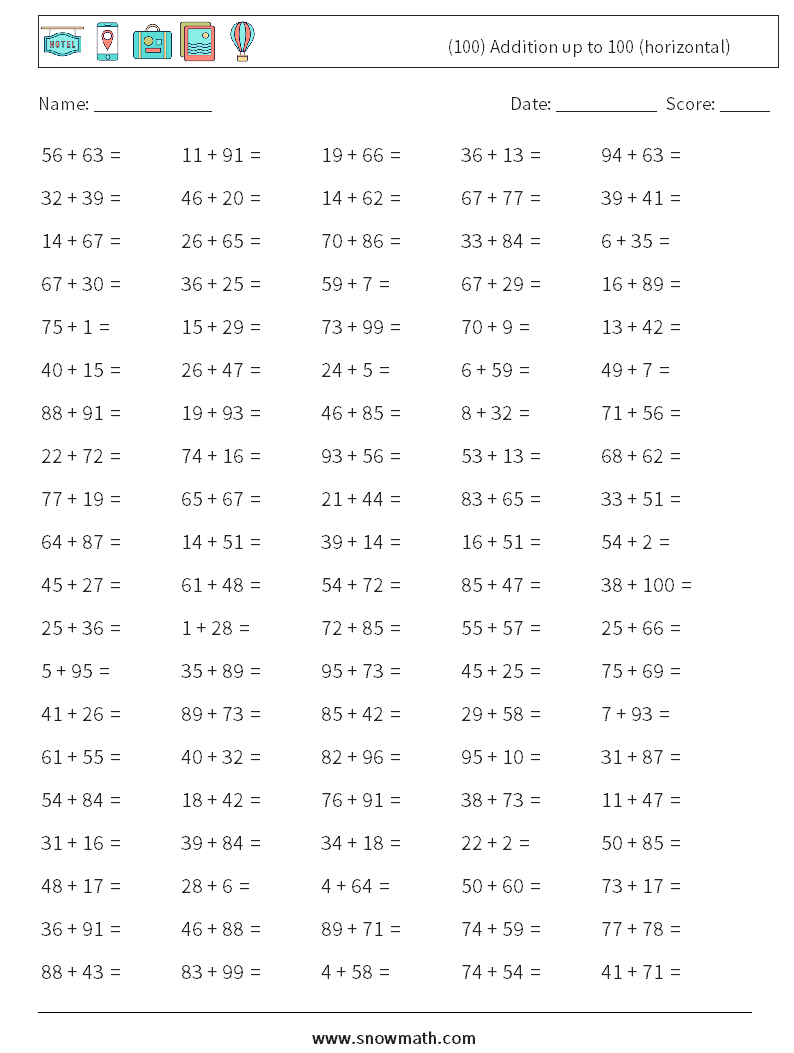 (100) Addition up to 100 (horizontal) Maths Worksheets 2