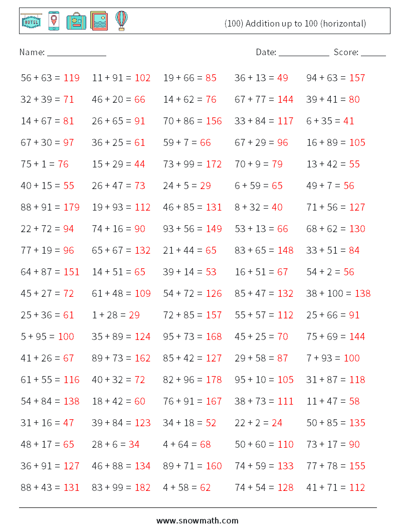 (100) Addition up to 100 (horizontal) Maths Worksheets 2 Question, Answer