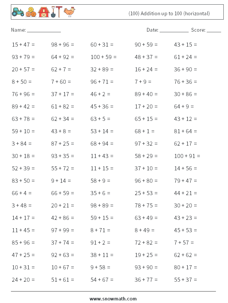 (100) Addition up to 100 (horizontal) Maths Worksheets 4