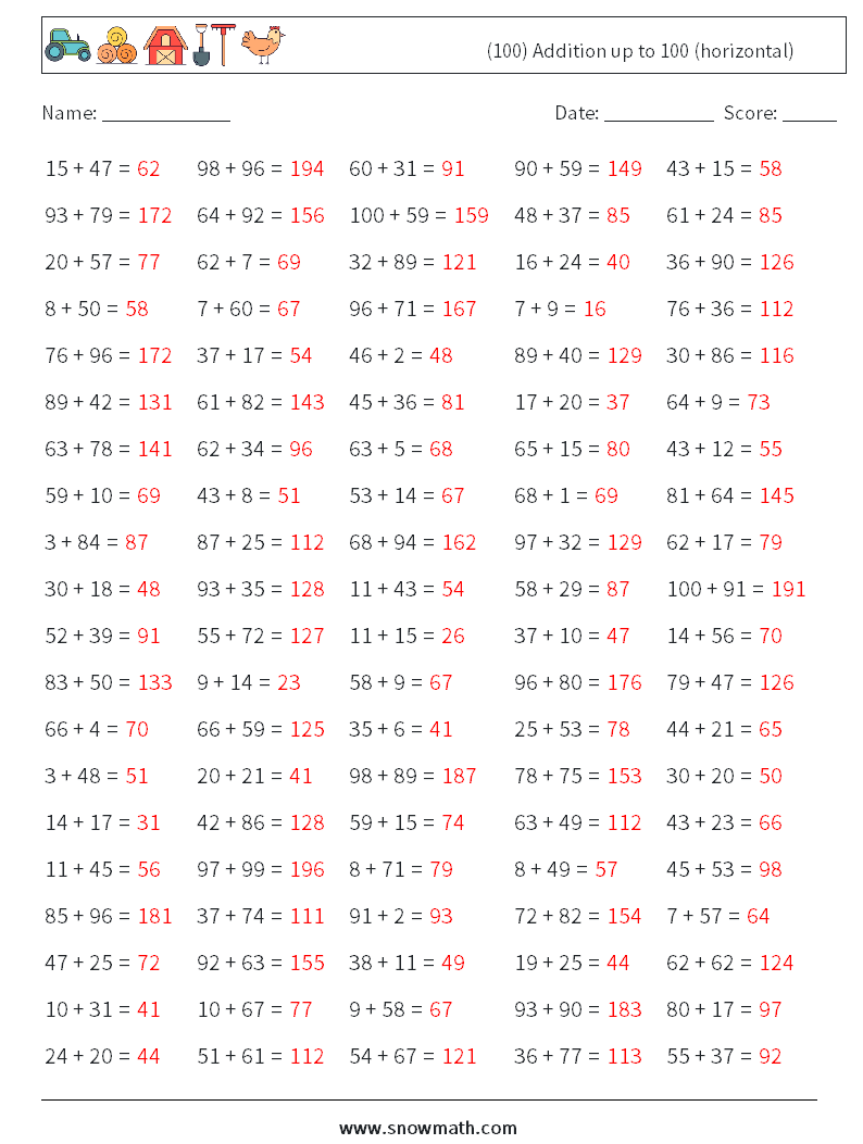 (100) Addition up to 100 (horizontal) Maths Worksheets 4 Question, Answer