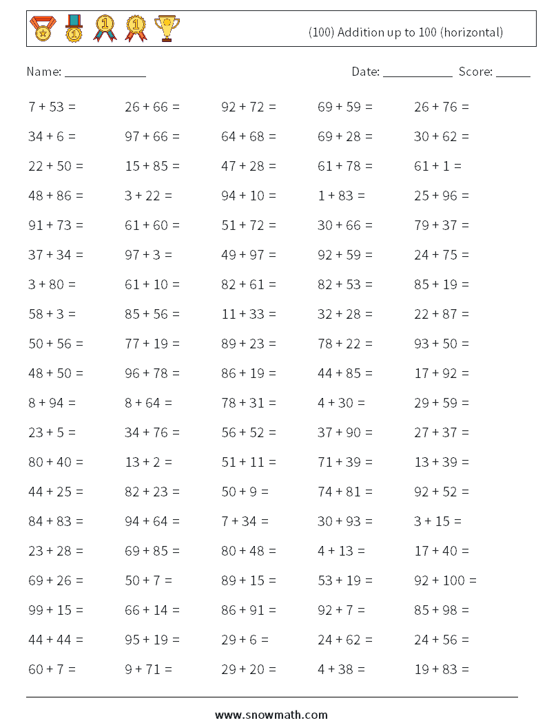 (100) Addition up to 100 (horizontal) Maths Worksheets 5