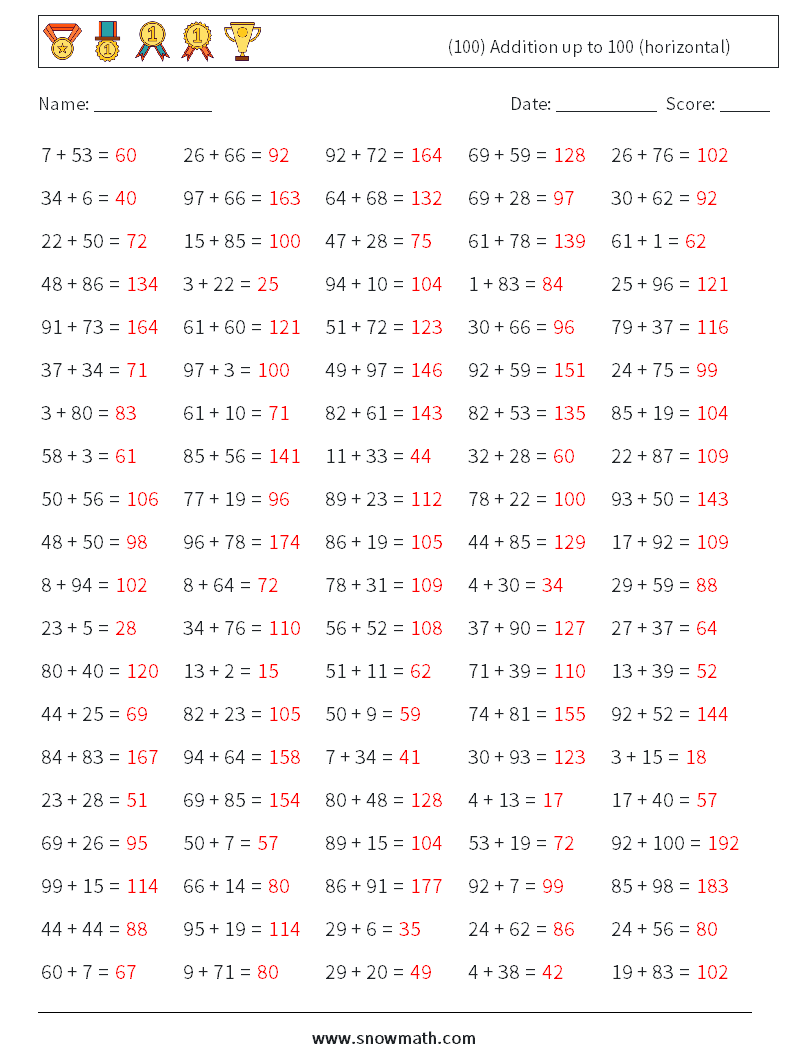 (100) Addition up to 100 (horizontal) Maths Worksheets 5 Question, Answer