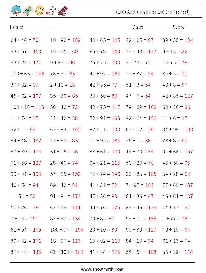 (100) Addition up to 100 (horizontal) Maths Worksheets 6 Question, Answer