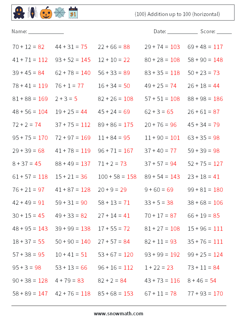 (100) Addition up to 100 (horizontal) Maths Worksheets 7 Question, Answer