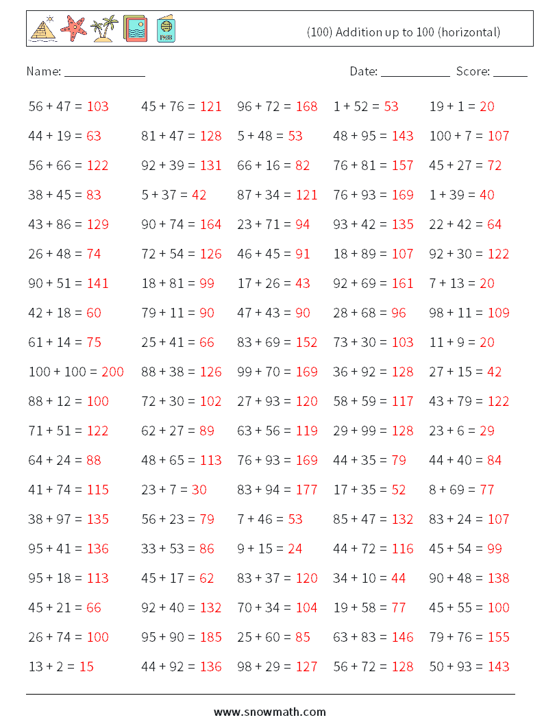 (100) Addition up to 100 (horizontal) Maths Worksheets 9 Question, Answer